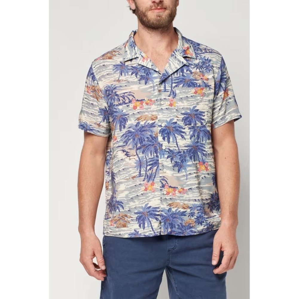 Faherty Men‎ Blue Tropical Palm Tree Viscose Camp Shirt Summer Comfort M GG02